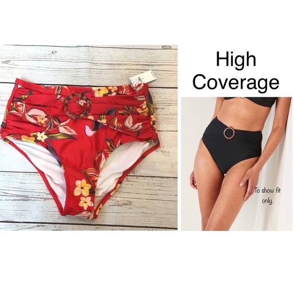 Old Navy Womens Red Floral High Waisted Belted O-Ring Bikini Bottom Size Medium - Picture 1 of 8